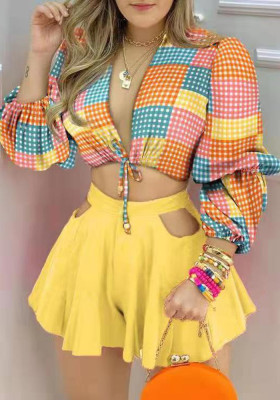 Women Spring Yellow Sweet V-neck Puff Sleeve Crop Plaid Print Hollow Out Loose Two Piece Shorts Set