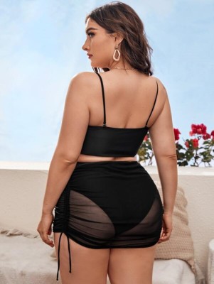 Women Black Straps Solid Cover Up Skirt Plus Size Three Piece Swimwear