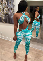 Women Summer Green Sexy Halter Sleeveless Crop Printed Hollow Out Skinny Two Piece Pants Set