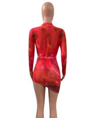 Women Spring Red Sexy O-Neck Full Sleeves Print Mesh Tied Skinny MiniTwo Piece Skirt Set