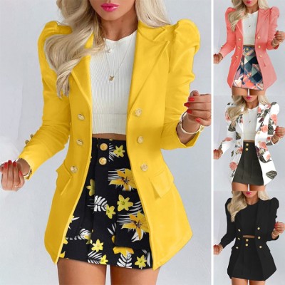 Women Spring Black Formal Turn-down Collar Full Sleeves Solid Button Two Piece Blazer and Shorts Suits