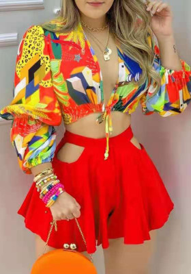 Women Spring Red Sweet V-neck Puff Sleeve Crop Printed Hollow Out Loose Two Piece Shorts Set