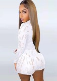 Women Spring White Sexy O-Neck Full Sleeves High Waist Solid Hollow Out Skinny Two Piece Shorts Set