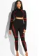 Women Spring Red Sports O-Neck Full Sleeves Crop Patchwork Mesh Skinny Two Piece Pants Set