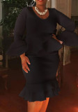 Women Spring Black Elegant O-Neck Full Sleeves Solid Ruffles Midi Mermaid Plus Size Party Dress
