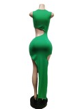 Women Summer Green Sexy O-Neck Sleeveless Solid Hollow Out Midi Asymmetrical Club Dress