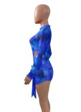 Women Summer Blue Sexy O-Neck Full Sleeves Print Mesh Tied Skinny MiniTwo Piece Skirt Set