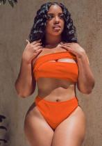 Women Orange One-Shoulder Bandeau Solid Two Piece Swimwear
