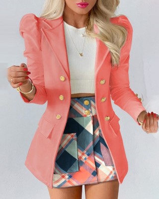 Women Spring Pink Formal Turn-down Collar Full Sleeves Solid Button Two Piece Blazer and Plaid SHorts Suits