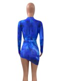 Women Summer Blue Sexy O-Neck Full Sleeves Print Mesh Tied Skinny MiniTwo Piece Skirt Set