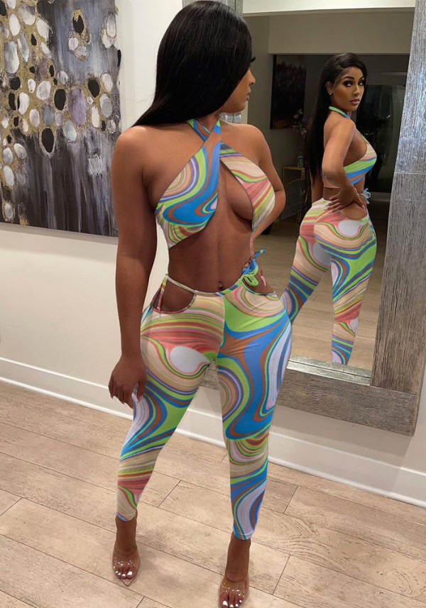 Women Summer Pink and Green Sexy Halter Sleeveless Crop Printed Hollow Out Skinny Two Piece Pants Set