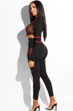 Women Spring Red Sports O-Neck Full Sleeves Crop Patchwork Mesh Skinny Two Piece Pants Set