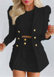 Women Spring Black Formal Turn-down Collar Full Sleeves Solid Button Two Piece Blazer and Shorts Suits