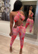 Women Summer Red Sexy Halter Sleeveless Crop Printed Hollow Out Skinny Two Piece Pants Set