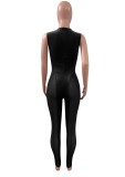 Women Summer Black Sexy V-neck Sleeveless Solid Patchwork Ruched Full Length Skinny Jumpsuit