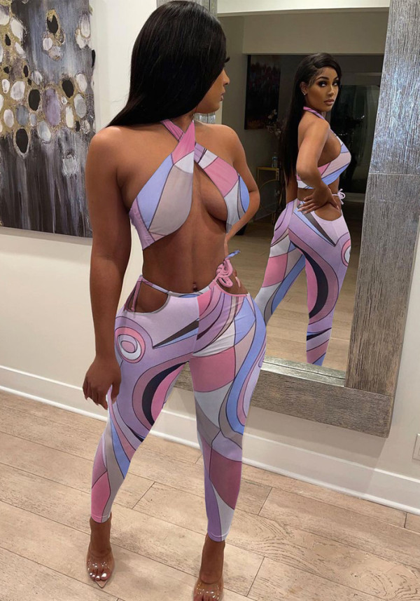 Women Summer Pink and Black Sexy Halter Sleeveless Crop Printed Hollow Out Skinny Two Piece Pants Set