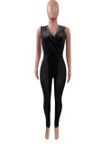 Women Summer Black Sexy V-neck Sleeveless Solid Patchwork Ruched Full Length Skinny Jumpsuit
