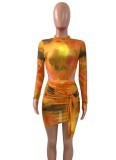 Women Summer Orange Sexy O-Neck Full Sleeves Print Mesh Tied Skinny MiniTwo Piece Skirt Set