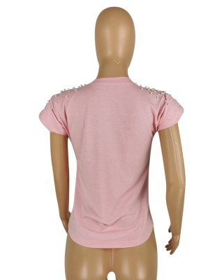 Women Summer Pink Casual O-Neck Padded Short Sleeve Solid Beaded Pockets Regular T-Shirt