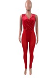 Women Summer Red Sexy V-neck Sleeveless Solid Patchwork Ruched Full Length Skinny Jumpsuit
