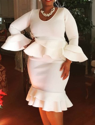 Women Spring White Elegant O-Neck Full Sleeves Solid Ruffles Midi Mermaid Plus Size Party Dress