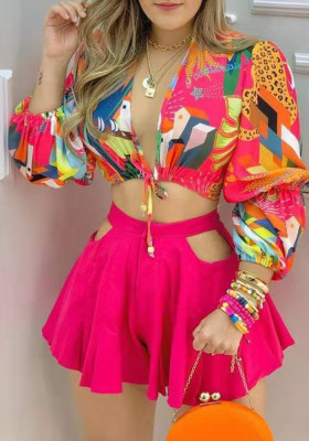 Spring Rose Sweet V-neck Puff Sleeve Crop Printed Hollow Out Loose Two Piece Shorts Set