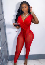 Women Summer Red Sexy V-neck Sleeveless Solid Patchwork Ruched Full Length Skinny Jumpsuit