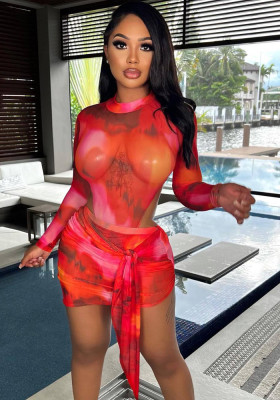 Women Spring Red Sexy O-Neck Full Sleeves Print Mesh Tied Skinny MiniTwo Piece Skirt Set