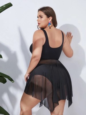 Women Black Strap Solid Cover Up Plus Size Two Piece Swimwear