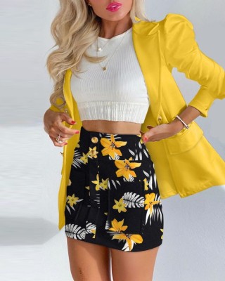 Women Spring Yellow Formal Turn-down Collar Full Sleeves Solid Button Two Piece Blazer and Floral Shorts Suits