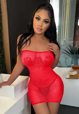 Summer Red Sexy Strapless Sleeveless Solid Mesh Beading Mini Sheath See Through Club Dress
