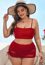 Women Red Straps Solid Cover Up Skirt Plus Size Three Piece Swimwear