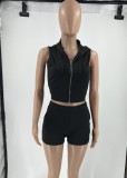 Women Summer Black Hooded Sleeveless Crop Solid Zippers Tight Sports Two Piece Shorts Set