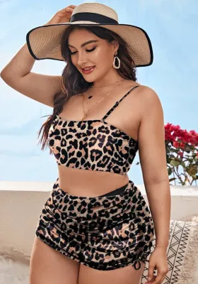 Women Leopard Straps Cover Up Skirt Plus Size Three Piece Swimwear