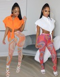 Women Summer Orange Sexy Turn-down Collar Sleeveless Solid Open Side Loose Shirt and Print Skinny Pants Set