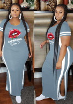 Women Summer Grey Casual O-Neck Short Sleeves Lip Print Slit Plus Size Long Dress