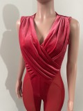 Women Summer Red Sexy V-neck Sleeveless Solid Patchwork Ruched Full Length Skinny Jumpsuit