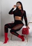 Women Spring Red Sports O-Neck Full Sleeves Crop Patchwork Mesh Skinny Two Piece Pants Set