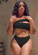 Women Black One-Shoulder Bandeau Solid Two Piece Swimwear