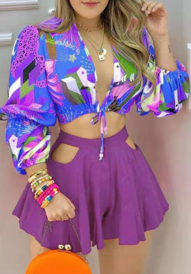 Women Spring Purple Sweet V-neck Puff Sleeve Crop Printed Hollow Out Loose Two Piece Shorts Set
