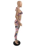 Women Summer Pink Sexy Halter Sleeveless Crop Printed Hollow Out Skinny Two Piece Pants Set