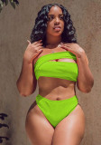 Women Green One-Shoulder Bandeau Solid Two Piece Swimwear