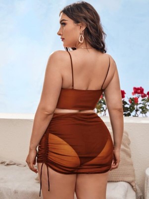 Women Brown Straps Solid Cover Up Skirt Plus Size Three Piece Swimwear