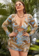 Women Brown Bikini V-Neck Printed Long Sleeve Cover Up Dress Plus Size Three Piece Swimwear