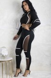 Women Summer White Sports O-Neck Full Sleeves Crop Patchwork Mesh Skinny Two Piece Pants Set
