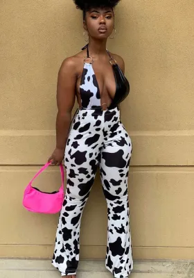 Women Summer Black Sexy Halter Sleeveless Patchwork PU Leather Backless Full Length Jumpsuit