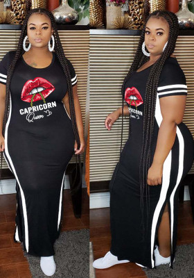 Women Summer Black Casual O-Neck Short Sleeves Lip Print Slit Plus Size Long Dress
