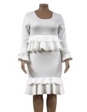 Women Spring White Elegant O-Neck Full Sleeves Solid Ruffles Midi Mermaid Plus Size Party Dress