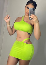 Women Summer Green Cute Sleeveless Crop Top Solid MiniTwo Piece Skirt Set