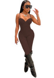 Women Summer Brown Sexy V-neck Sleeveless Solid Skinny Jumpsuit